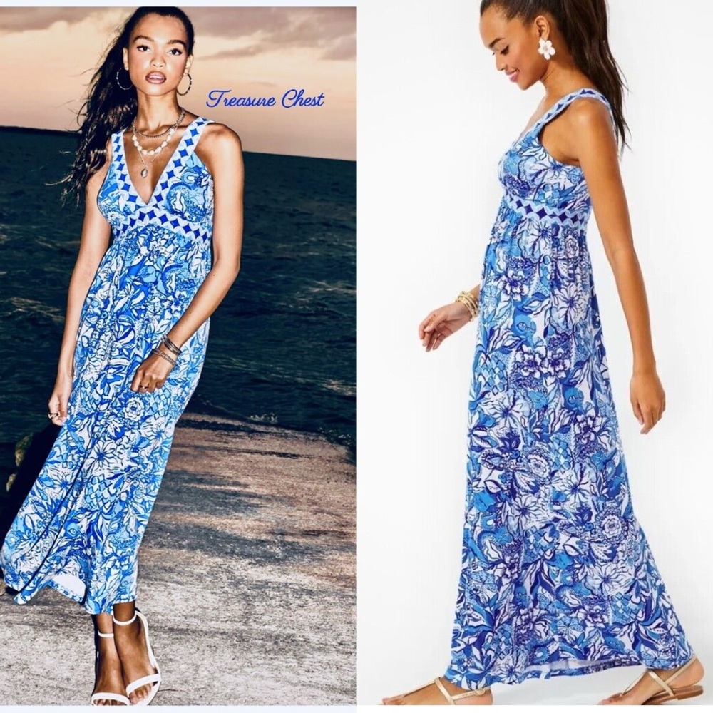 Lilly Pulitzer Serena v neck Maxi Dress Blue Tang Flocking Fabulous $208 size 0